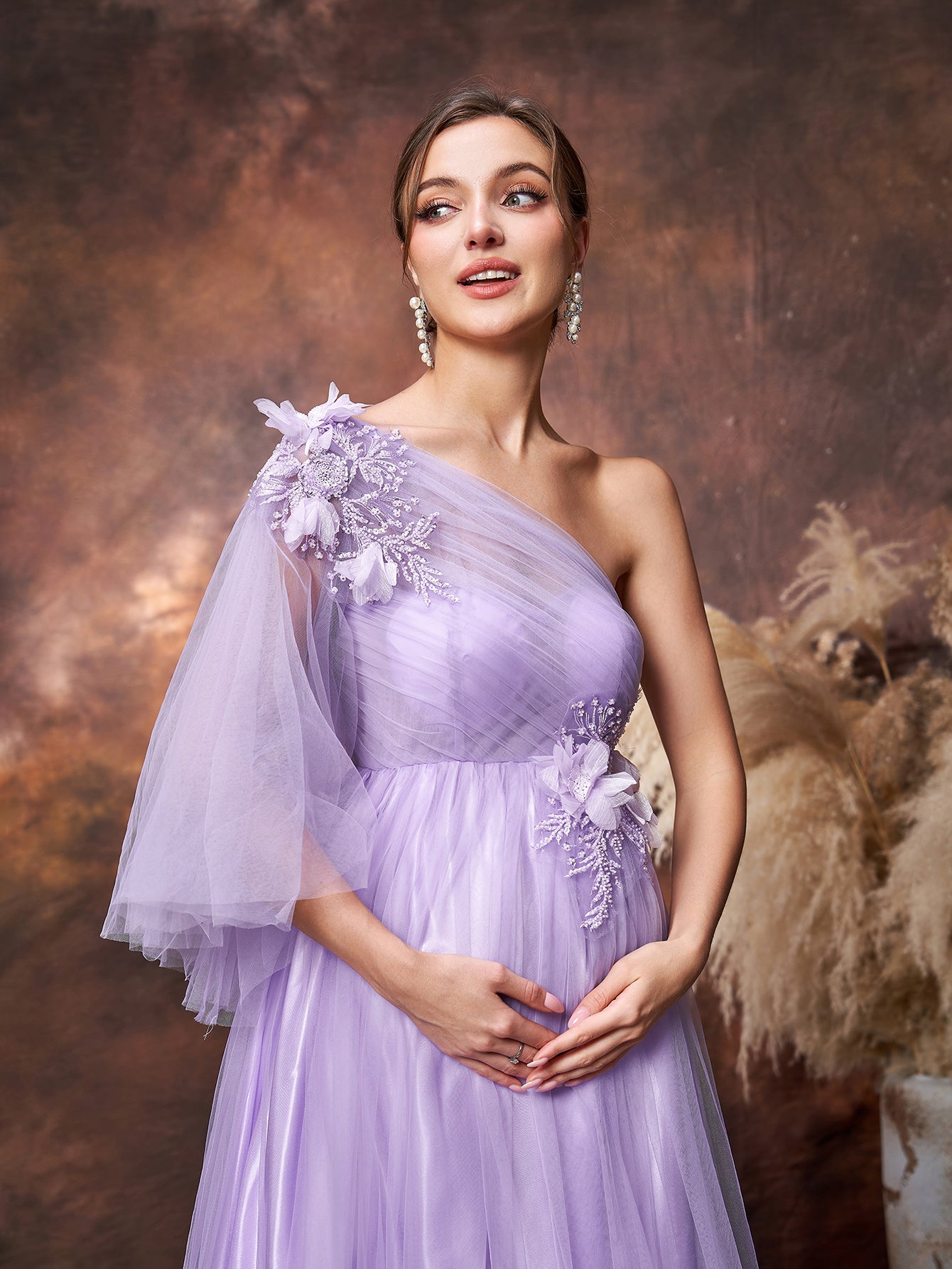 Maternity Applique Details One Shoulder Tulle Evening Dress