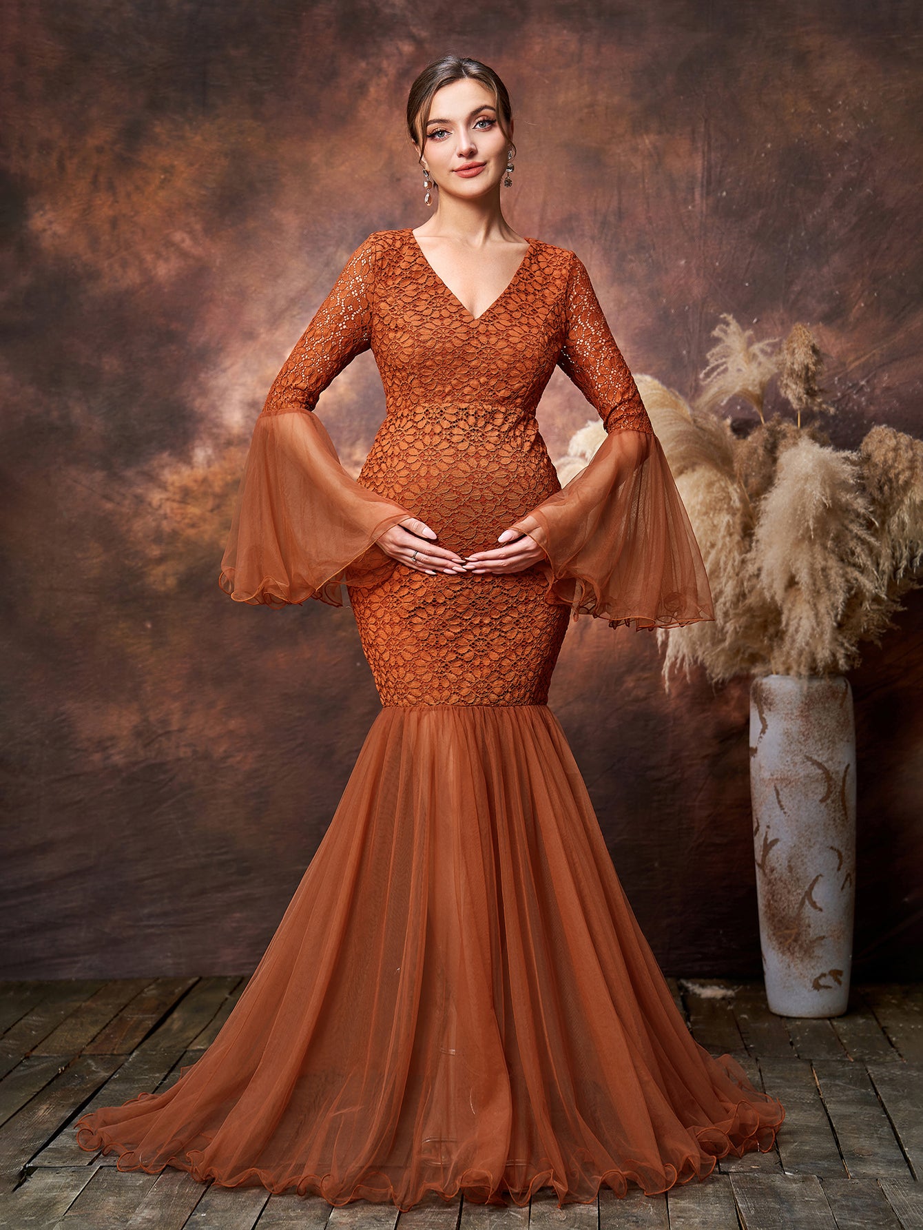 Maternity V Neck Flared Sleeves Mesh Contrast Lace Evening Dress