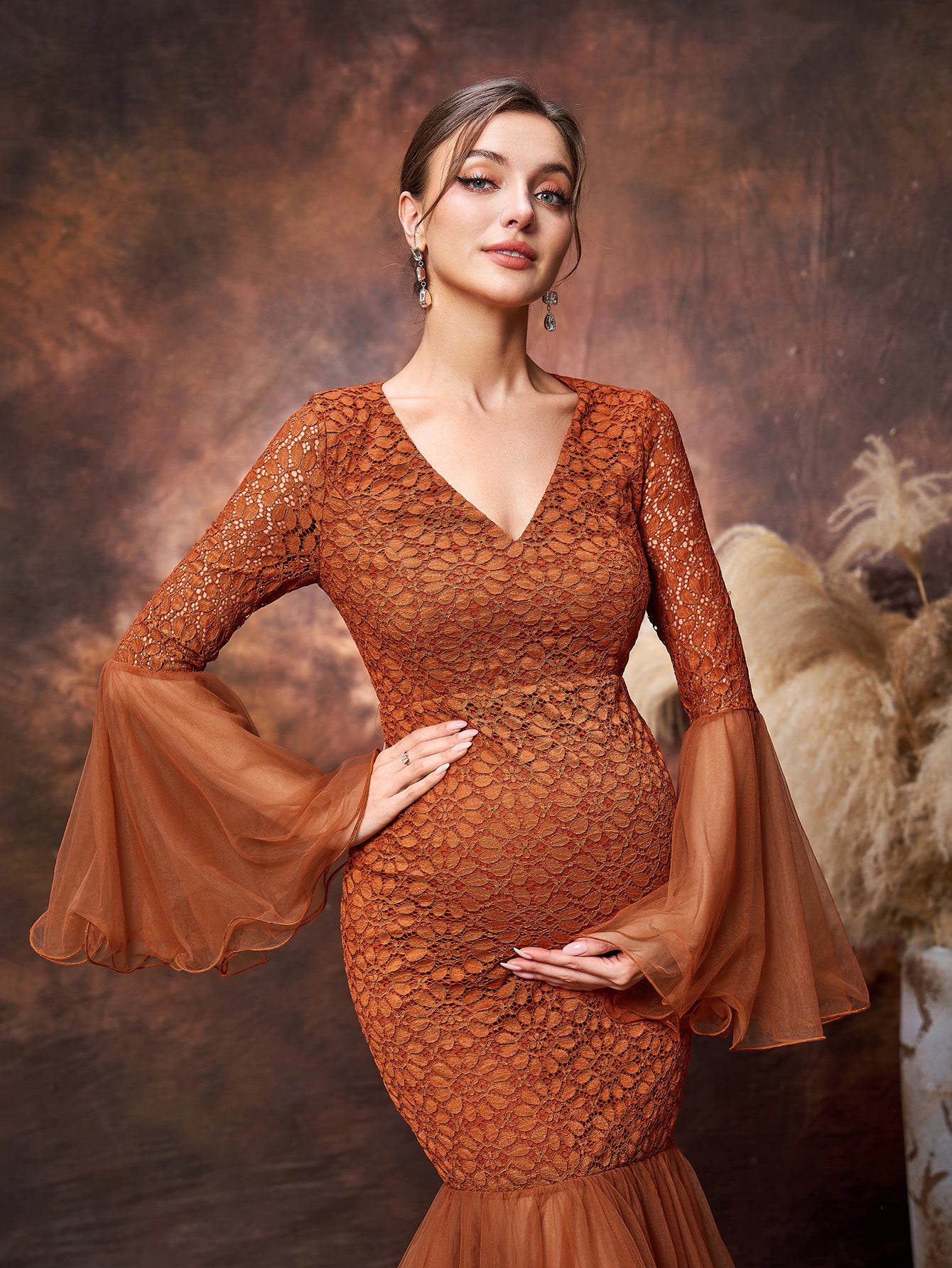 Maternity V Neck Flared Sleeves Mesh Contrast Lace Evening Dress