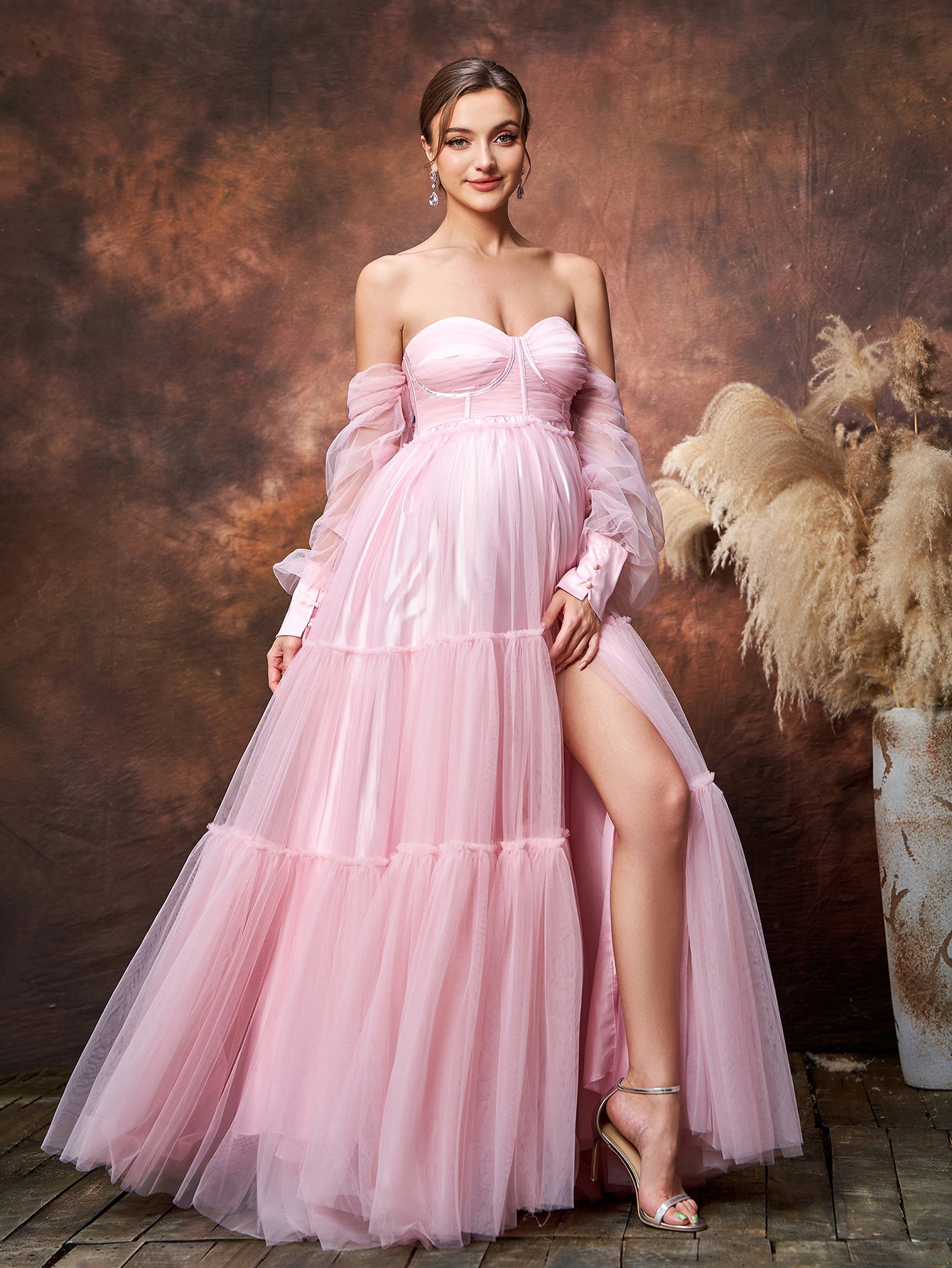 Maternity Off Shoulder Bishop Sleeves Split Tulle Evening Dress