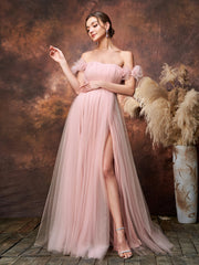 Maternity Off Shoulder Ruched Bust Split Tulle Evening Dress