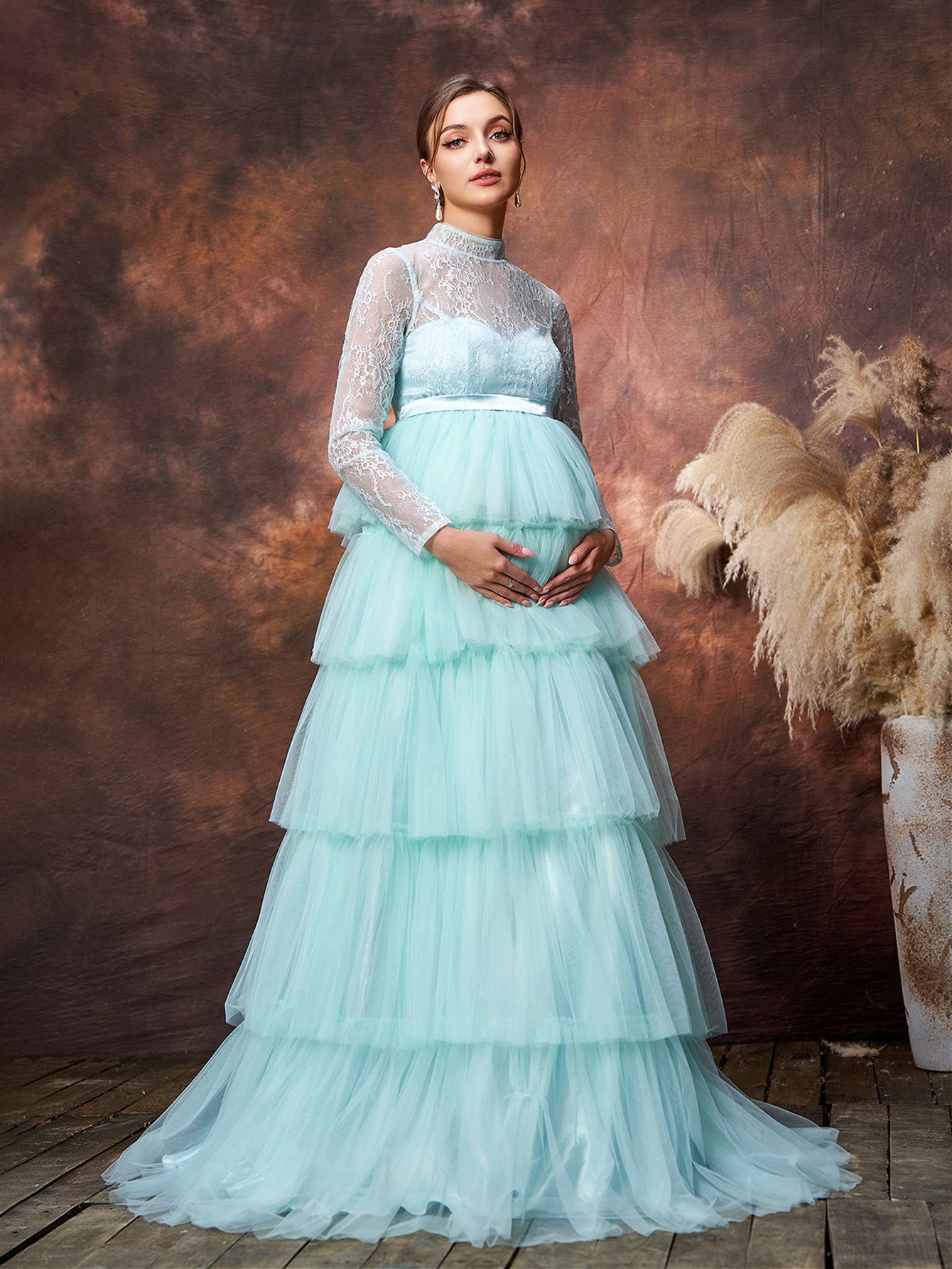 Maternity Mock Neck Lace Bodice Layered Tulle  Hem Prom Dress