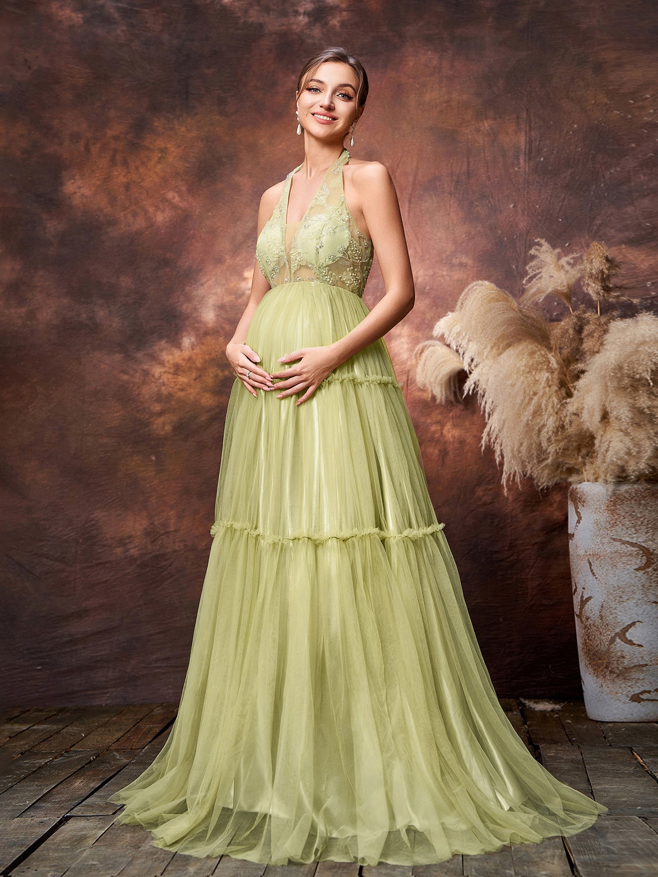 Maternity Halter Neck Beaded Bodice Contrast  Layered Tulle Hem Evening Dress