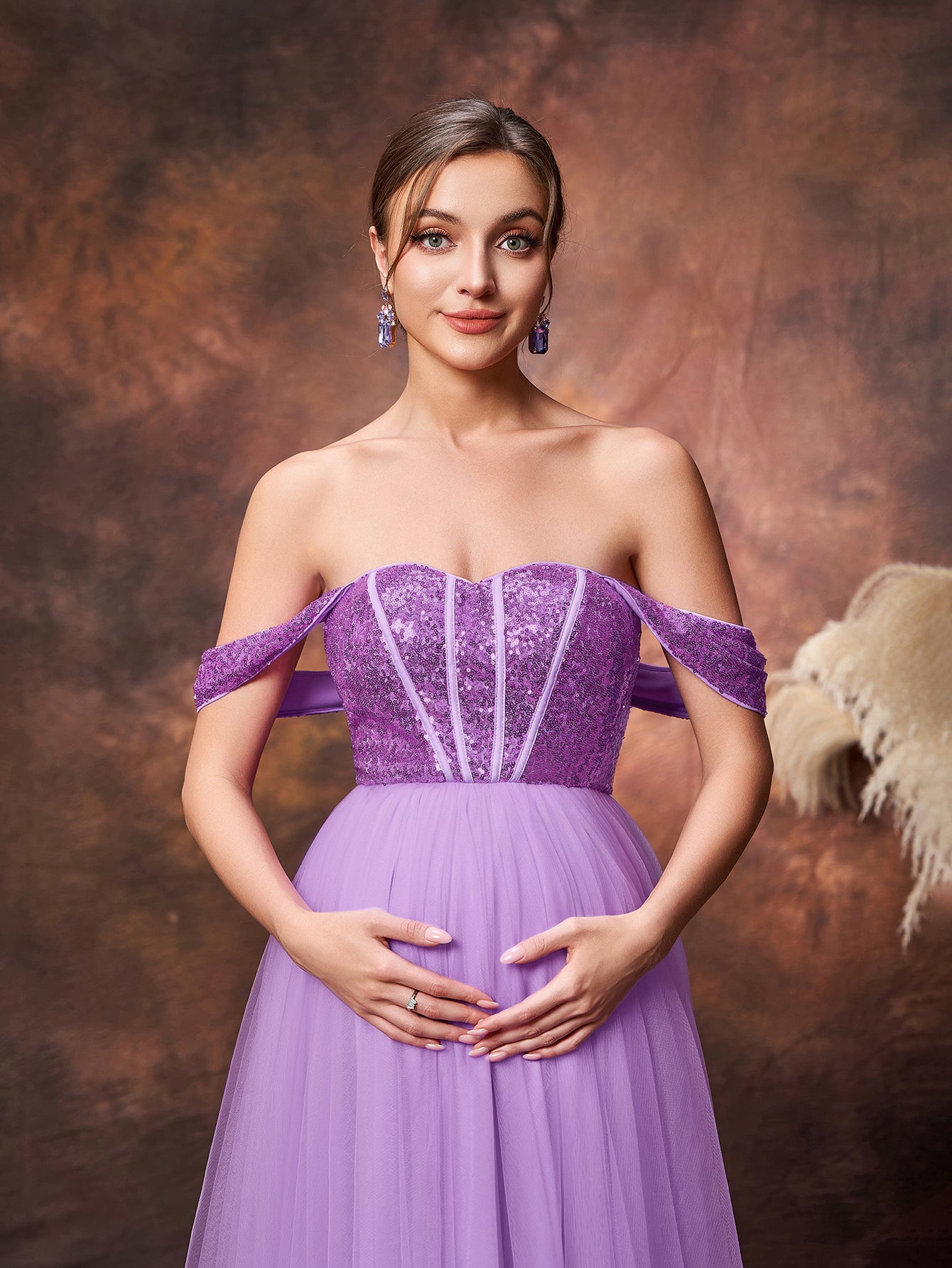 Maternity Off Shoulder Sequin Bodice Contrast Tulle Evening Dress