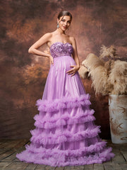 Maternity Sequin Bodice Contrast Cascading Ruffle Tulle Hem Tube Dress