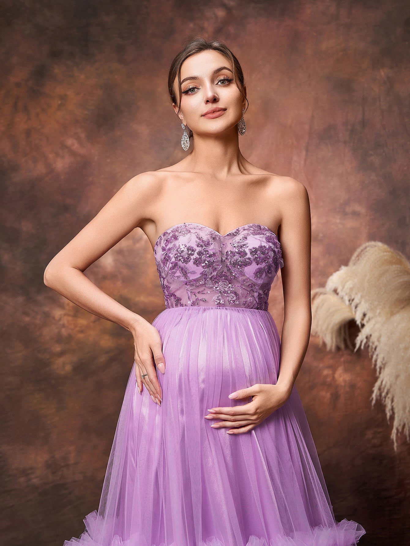 Maternity Sequin Bodice Contrast Cascading Ruffle Tulle Hem Tube Dress