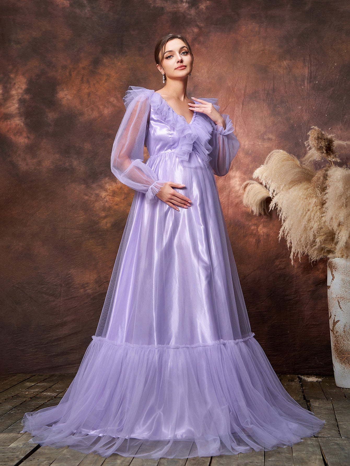 Maternity V Neck Sheer Sleeves Ruffle Trim Tulle Prom Dress