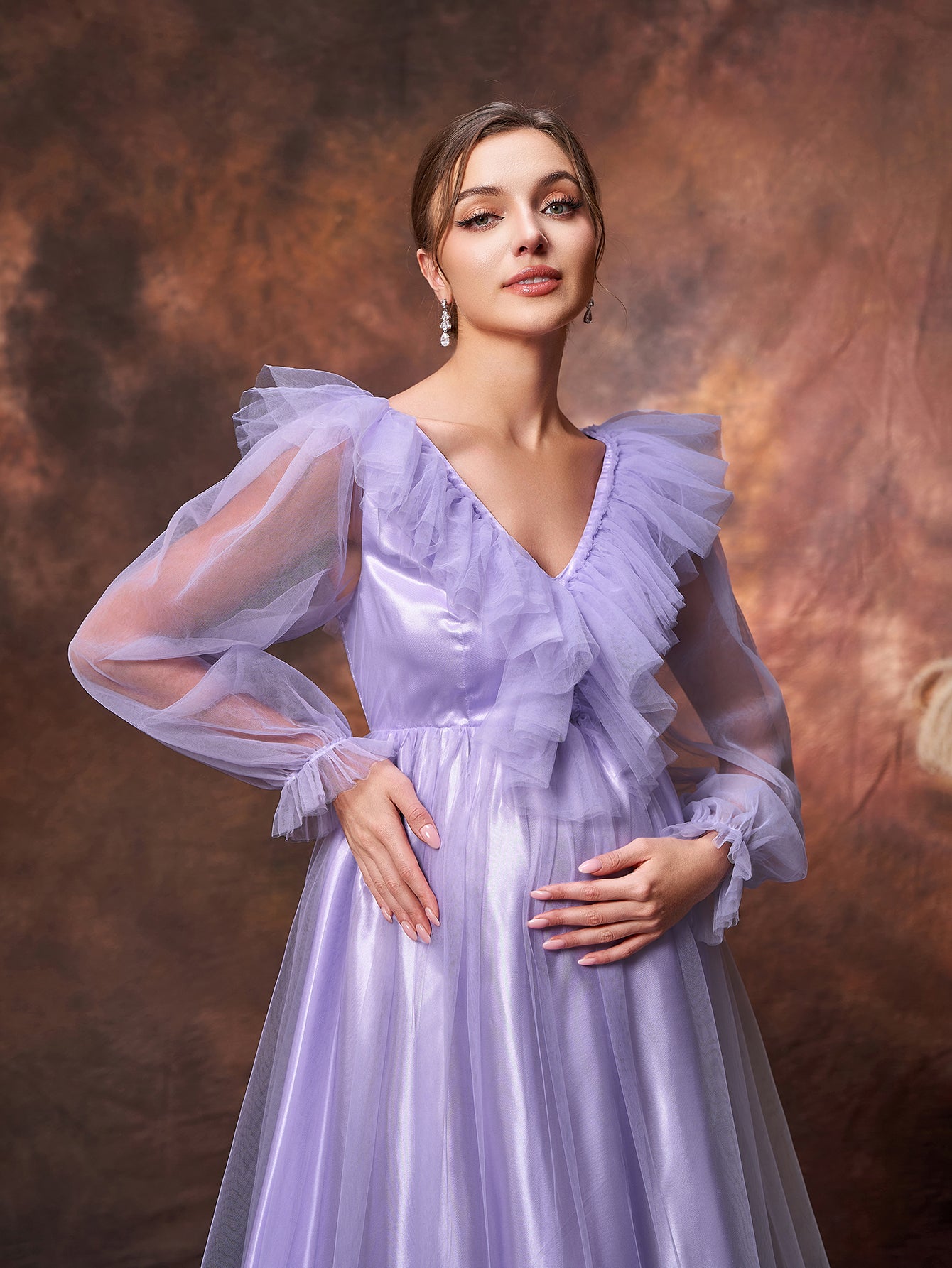 Maternity V Neck Sheer Sleeves Ruffle Trim Tulle Prom Dress