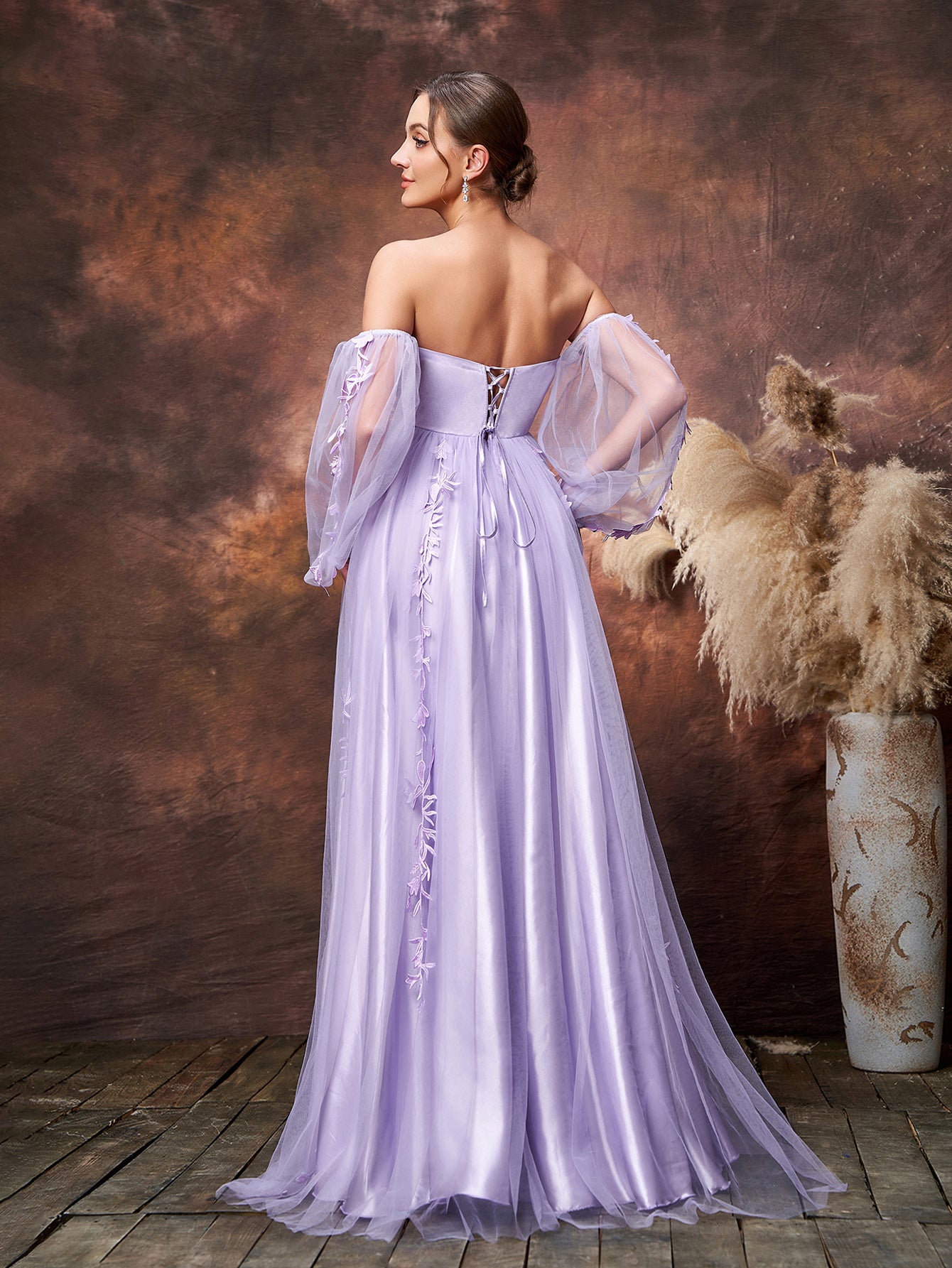 Maternity Applique Details Off Shoulder Lantern Sleeves Tulle Evening Dress