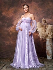 Maternity Applique Details Off Shoulder Lantern Sleeves Tulle Evening Dress