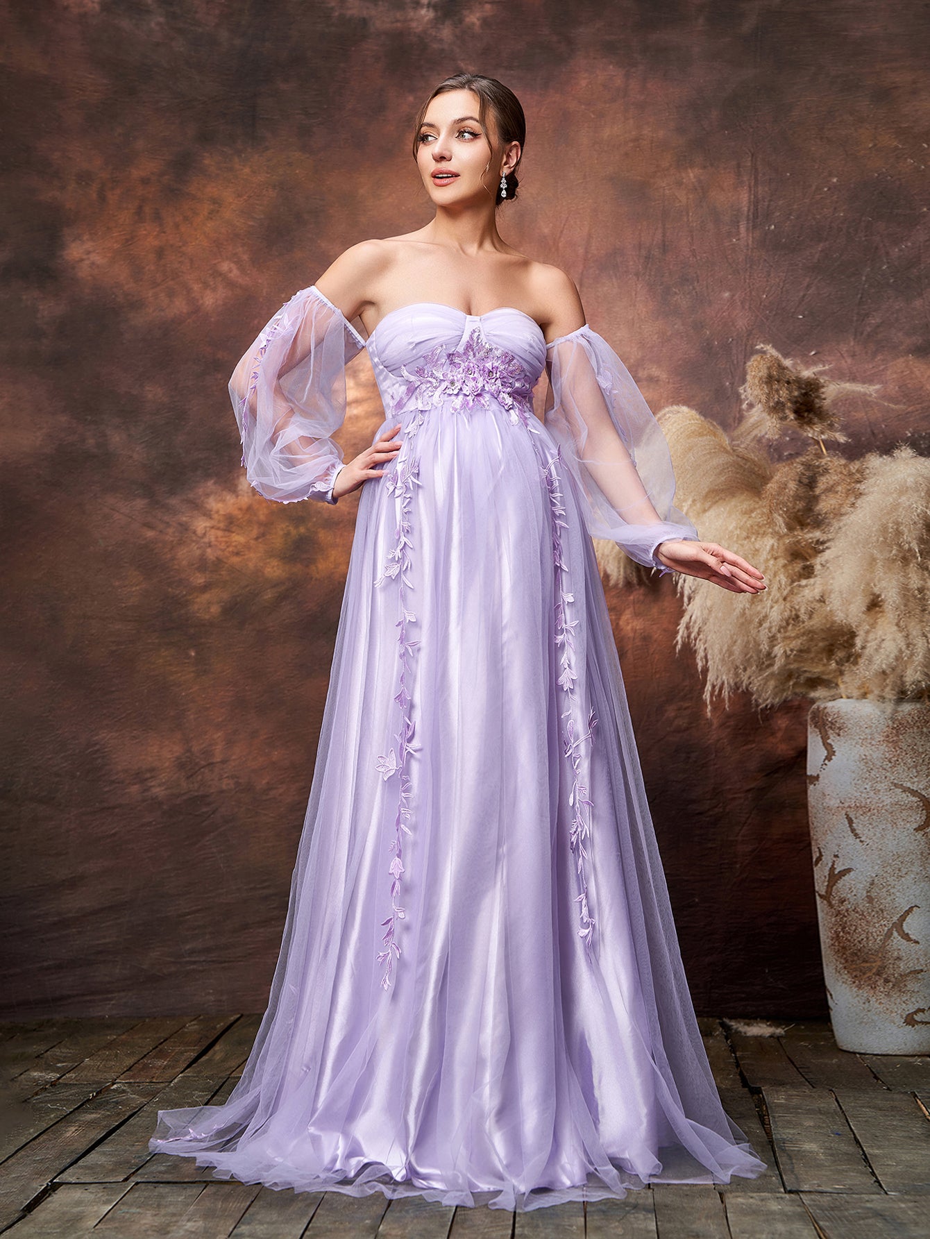 Maternity Applique Details Off Shoulder Lantern Sleeves Tulle Evening Dress