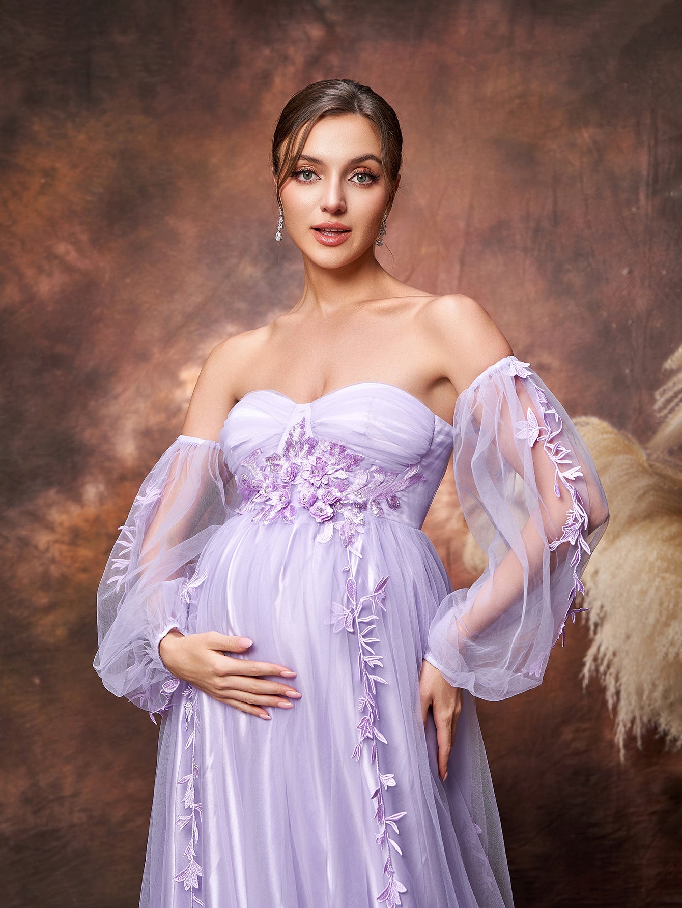 Maternity Applique Details Off Shoulder Lantern Sleeves Tulle Evening Dress