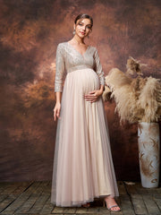 Maternity Plunging Neck 3/4 Sleeves Sequin Formal Party Dress