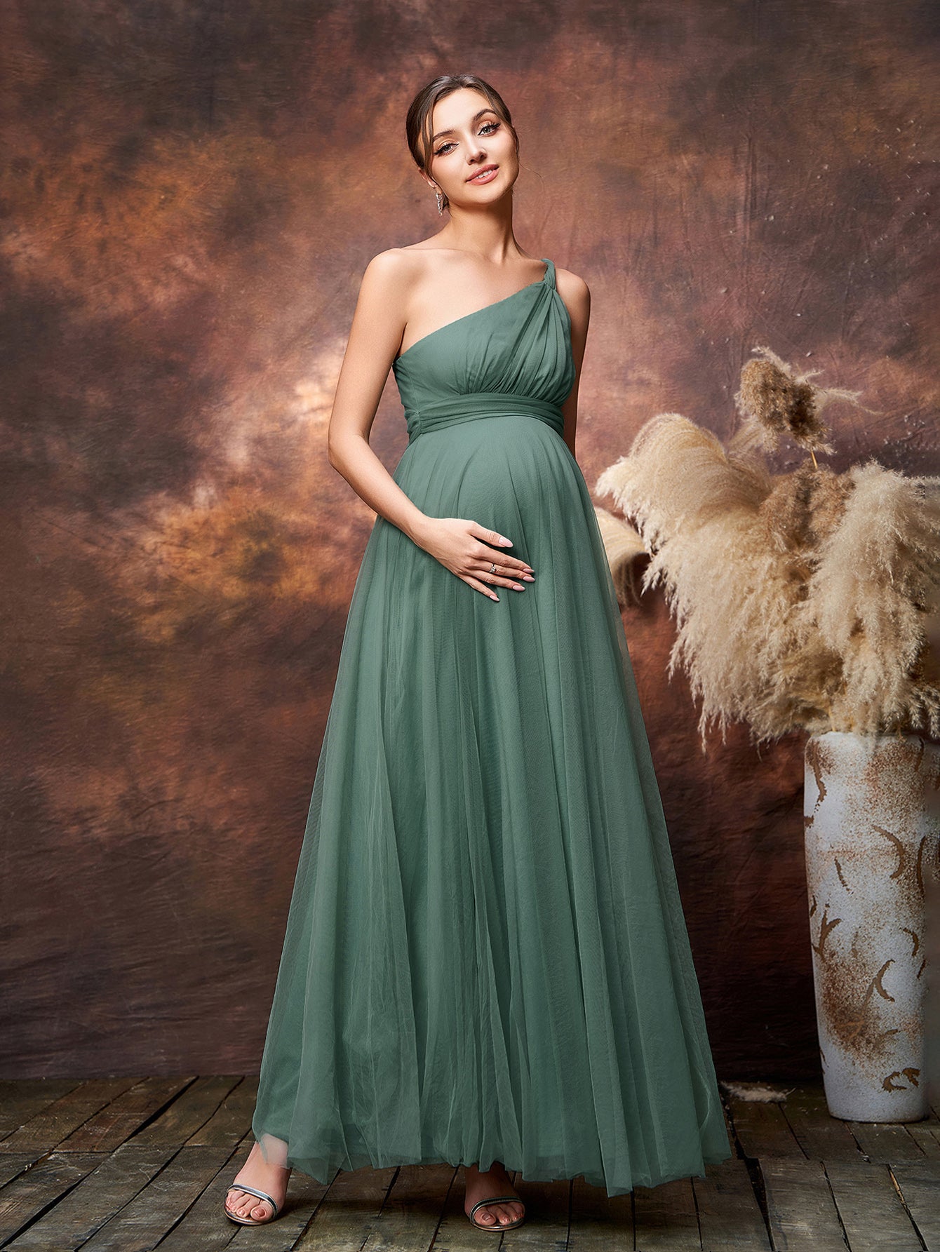 Maternity Solid One Shoulder Sleeveless Mesh Party Dress