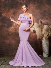 Maternity One Shoulder Cropped Top &  Mermaid Hem Skirt Two Piece Set