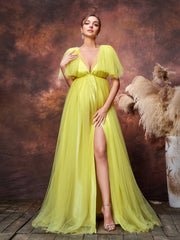 Maternity Plunging Neck Backless Split Thigh Tulle Party Dress