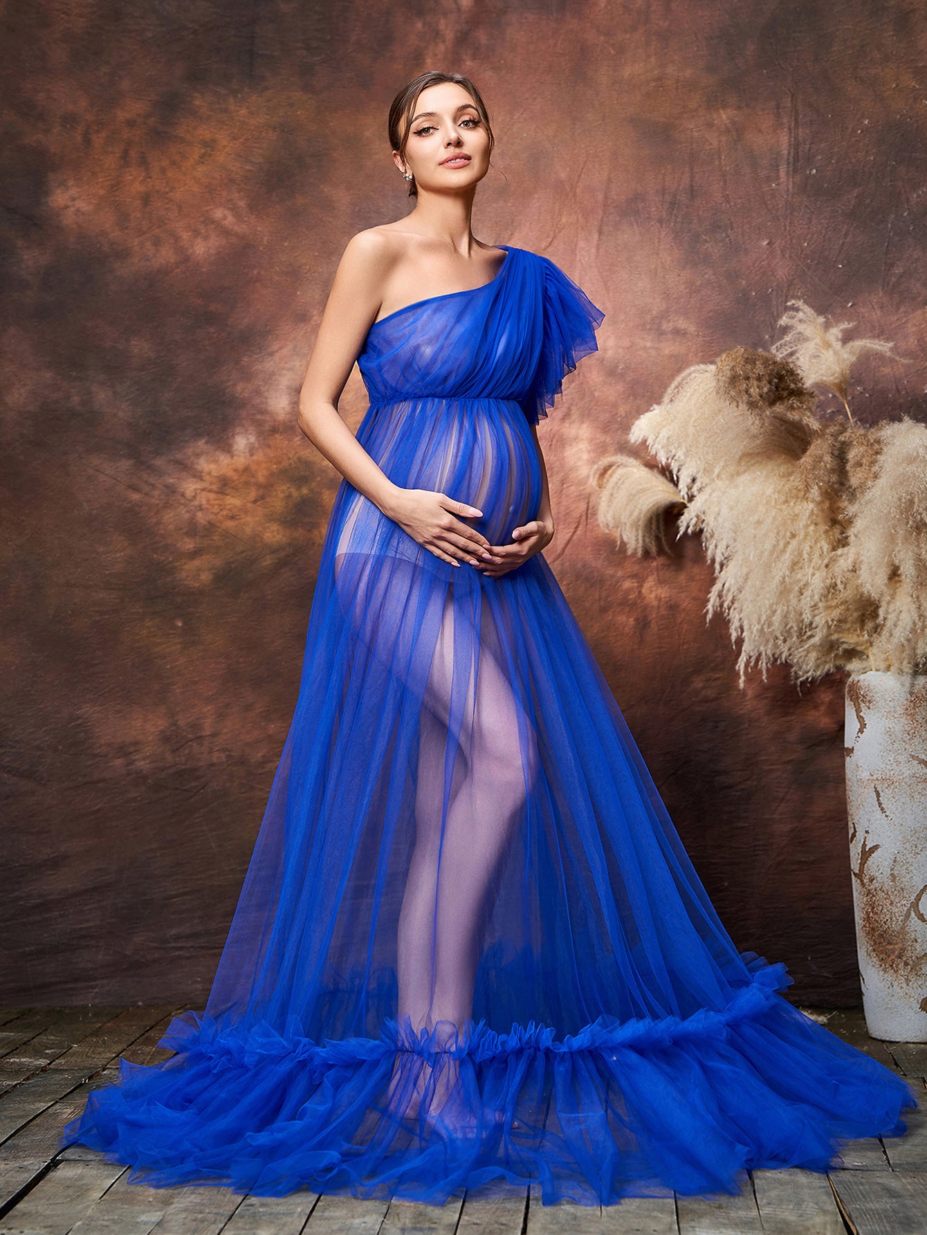 Maternity One Shoulder Sheer Mesh Photography Dress