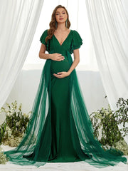 Maternity Plunging Neck Layered Ruffle Sleeve Mermaid Dress - Elonnashop