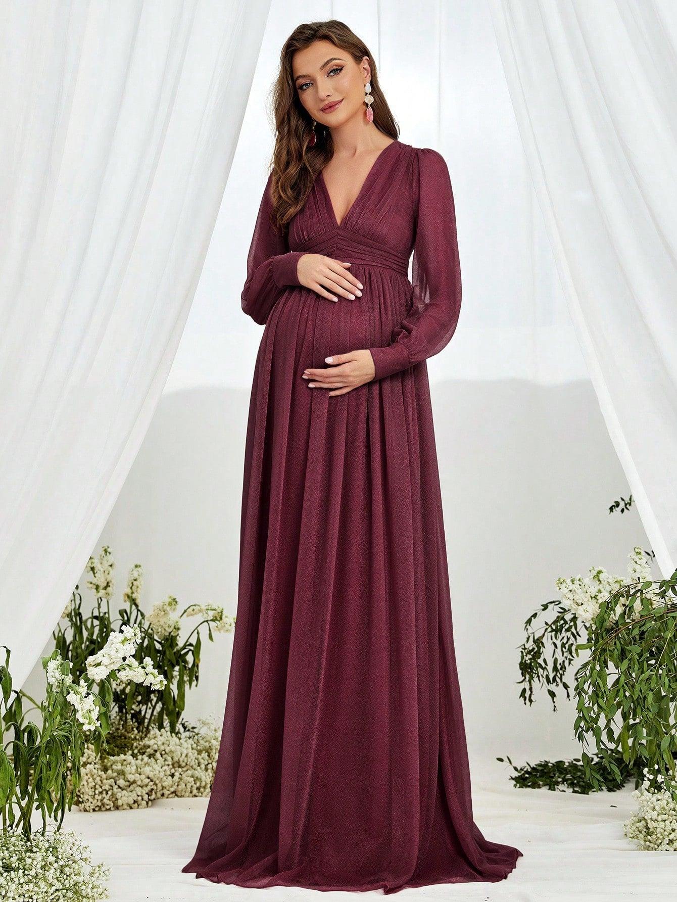 Maternity V Neck Lantern Sleeve A Line Dress - Elonnashop