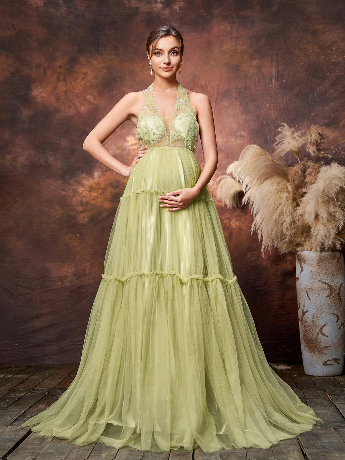 Maternity Halter Neck Beaded Bodice Contrast  Layered Tulle Hem Evening Dress