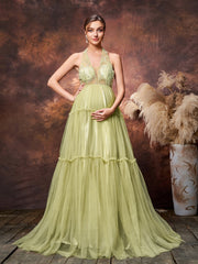 Maternity Halter Neck Beaded Bodice Contrast  Layered Tulle Hem Evening Dress