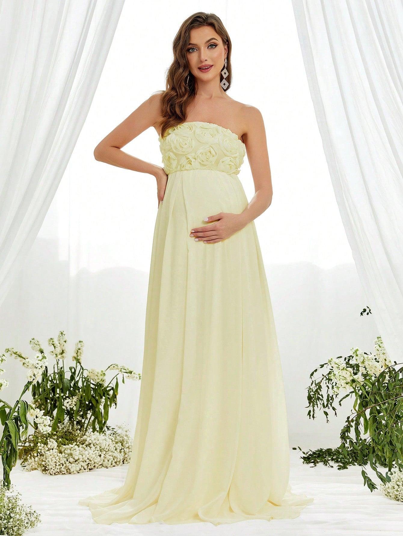 Maternity Floral Applique Tube Chiffon Dress - Elonnashop