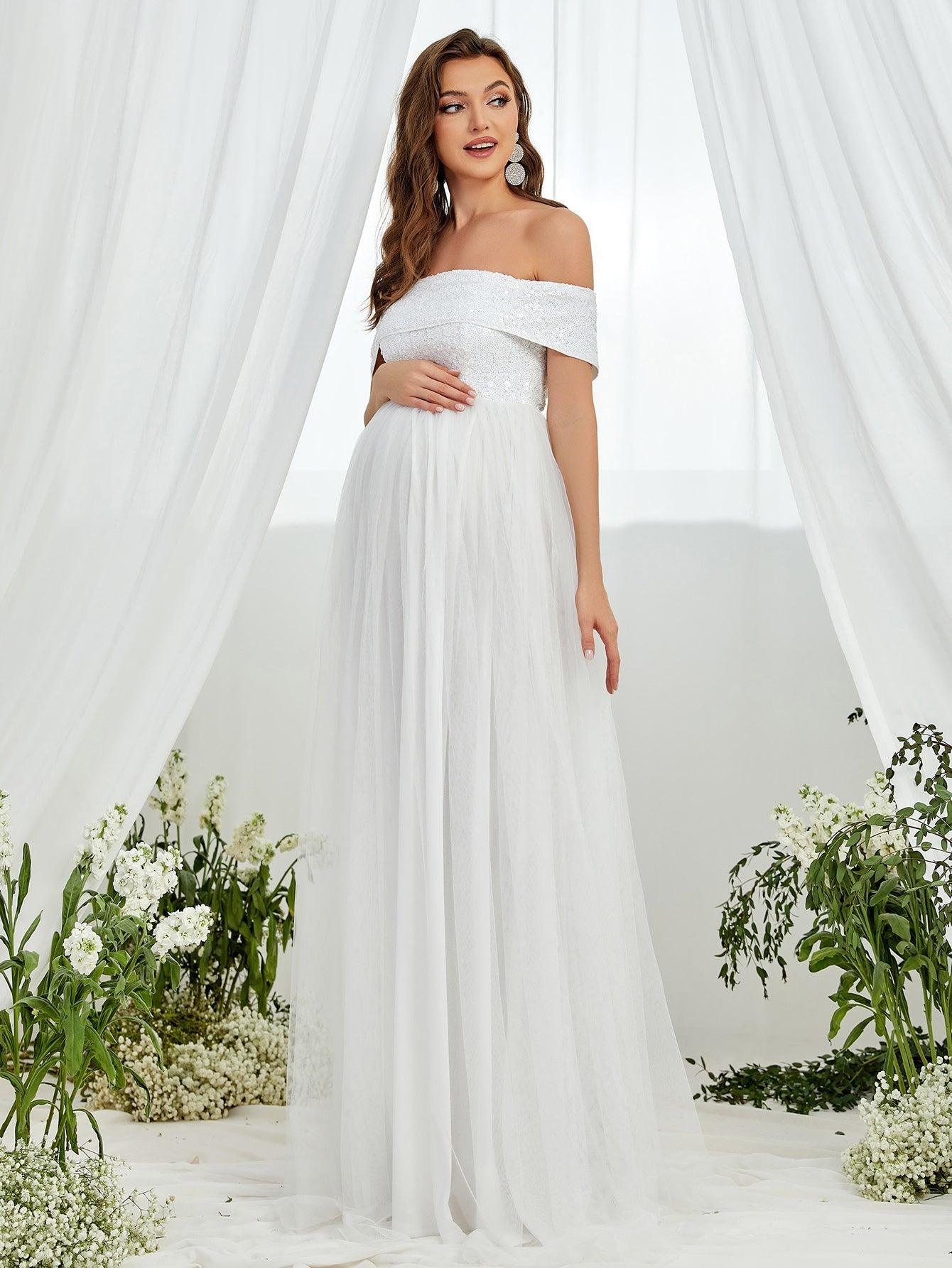 Maternity Off Shoulder Contrast Sequin Wedding Dress - Elonnashop