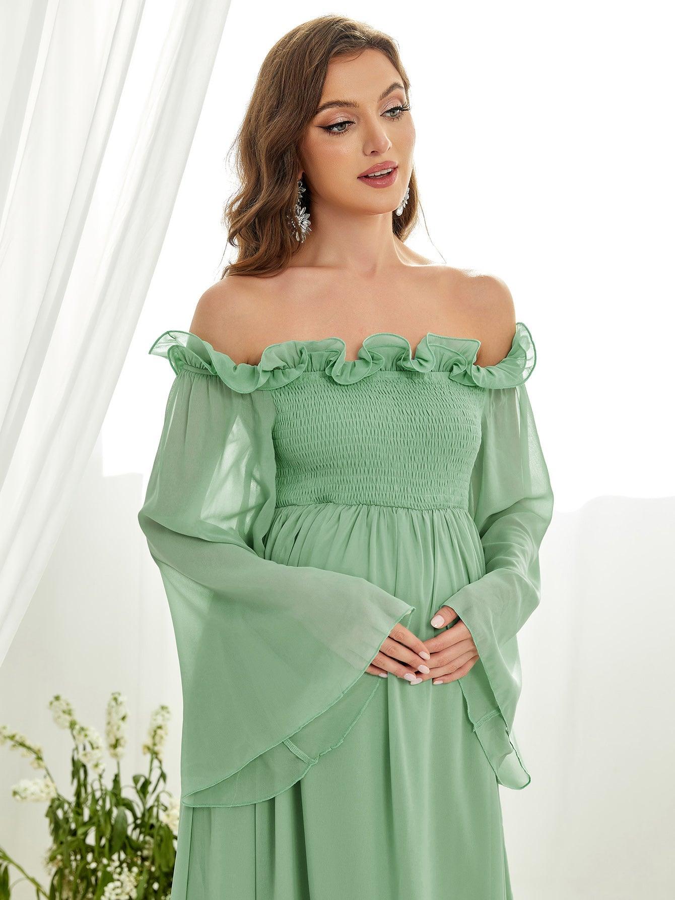 Maternity Off Shoulder Ruffle Trim Shirred Chiffon Dress - Elonnashop