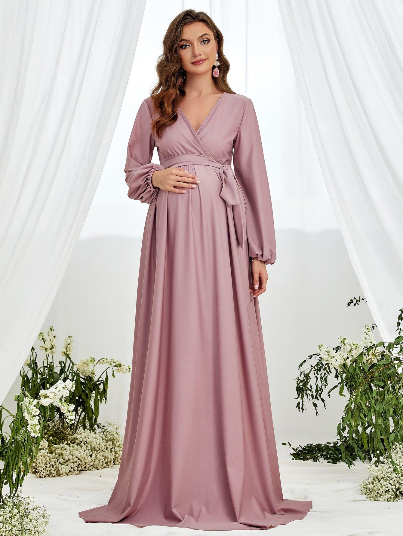 Maternity Surplice Neck A Line Belted Dress - Elonnashop