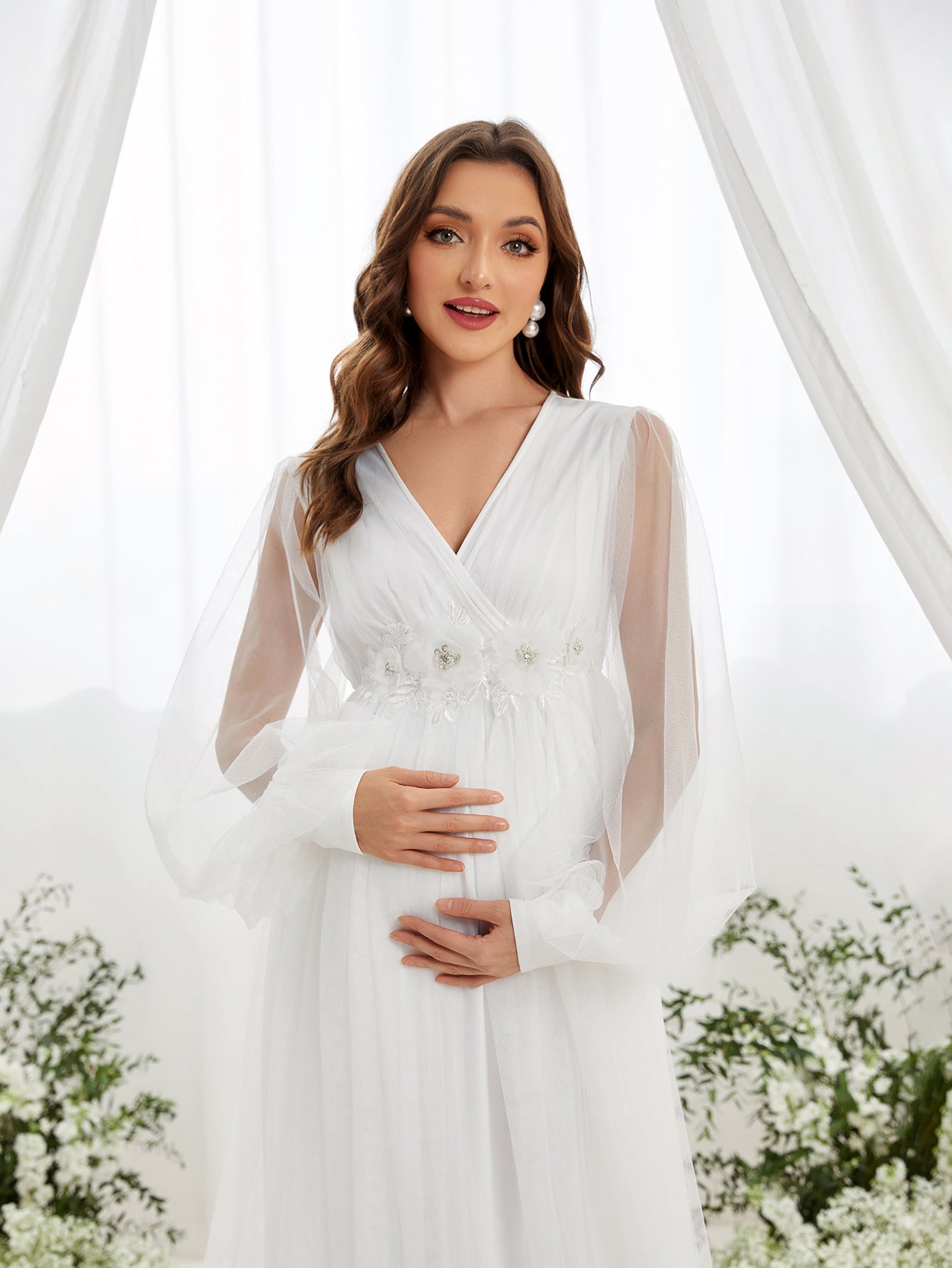 Maternity Applique Detail V Neck Lantern Sleeves Mesh Evening Dress