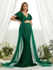 Maternity Plunging Neck Layered Ruffle Sleeve Mermaid Dress - Elonnashop