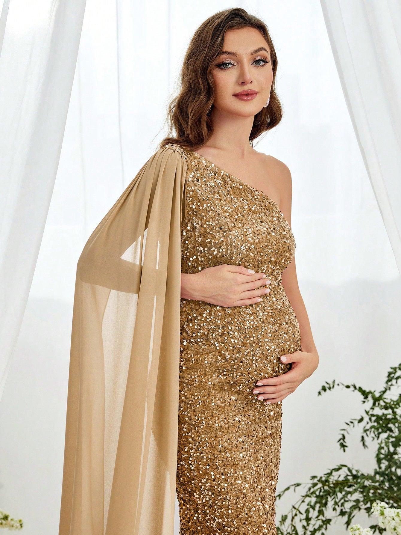 Maternity One Shoulder Draped Side Sequin Mermaid Dress - Elonnashop