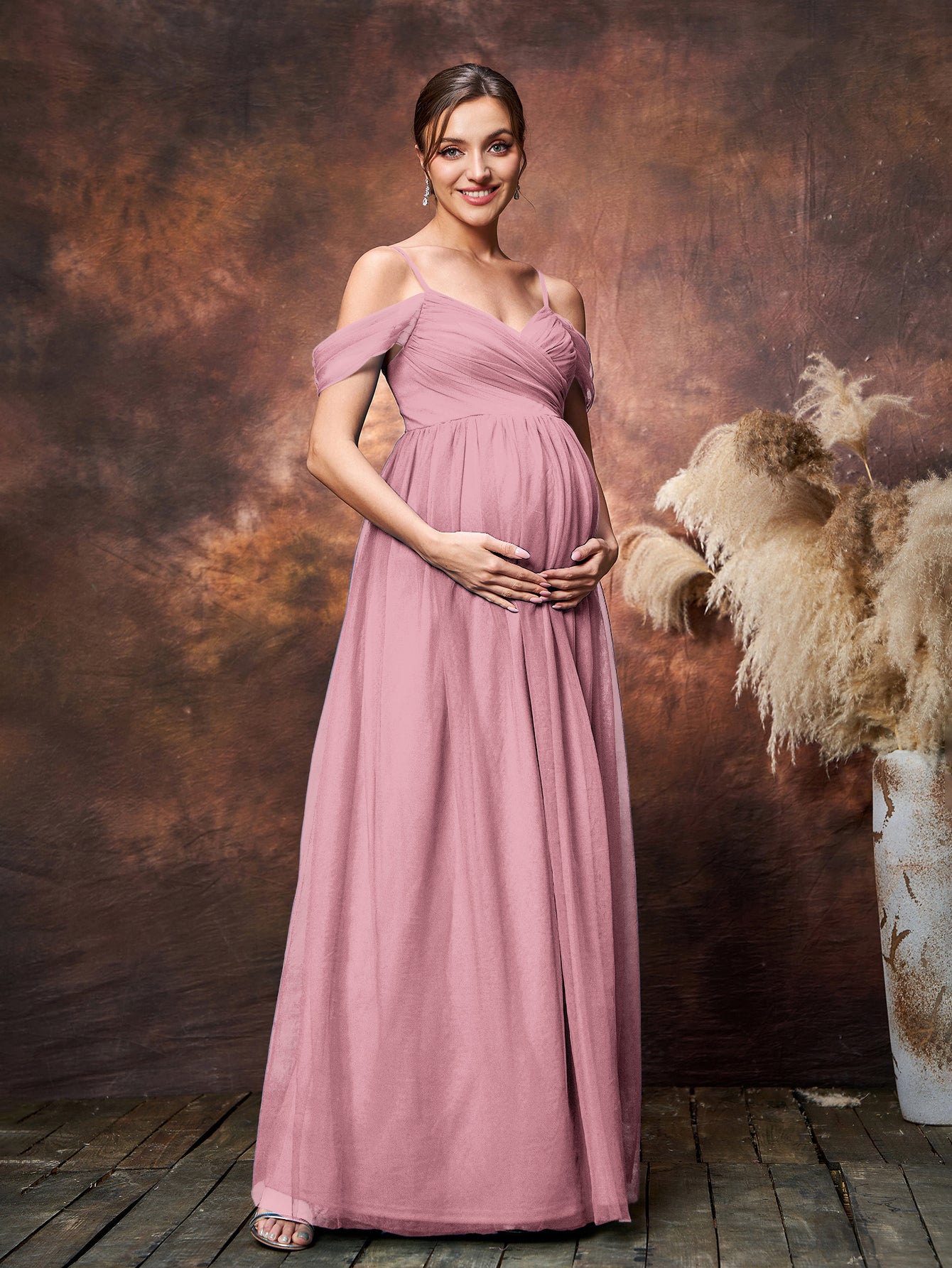 Maternity Cold Shoulder Ruched Bust Tulle Cami Party Dress