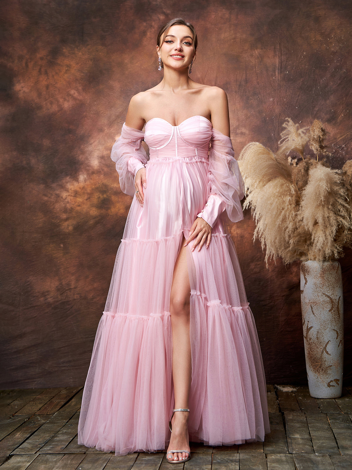 Maternity Off Shoulder Bishop Sleeves Split Tulle Evening Dress