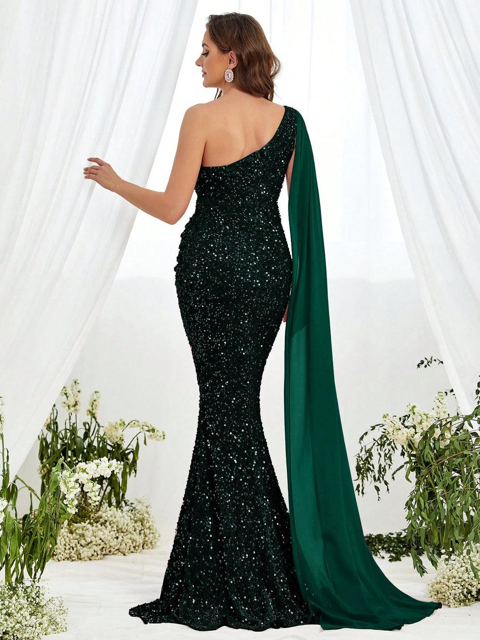 Maternity One Shoulder Draped Side Sequin Mermaid Dress - Elonnashop