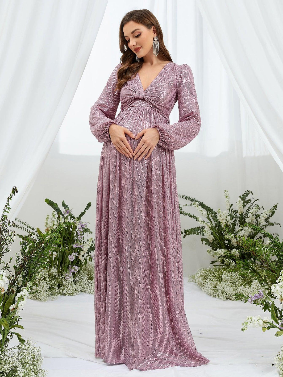 Maternity Ruched Bust Lantern Sleeve Sequin Party Dress - Elonnashop