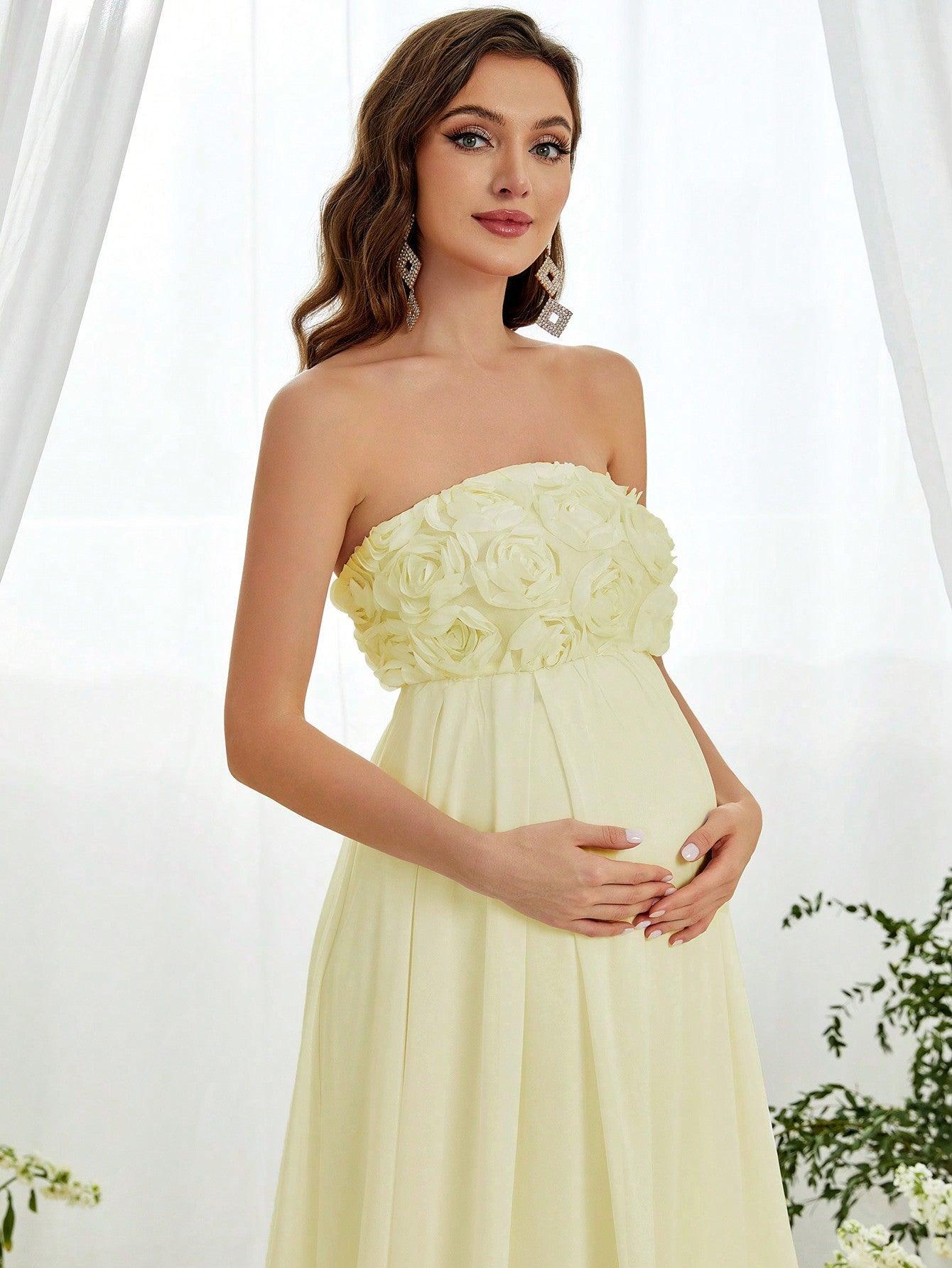 Maternity Floral Applique Tube Chiffon Dress - Elonnashop