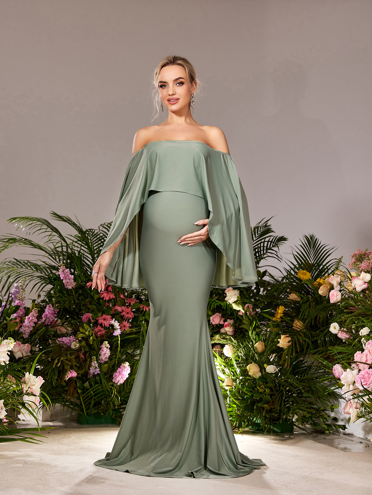 Maternity Off Shoulder Cape Sleeves Mermaid Hem Evening Dress