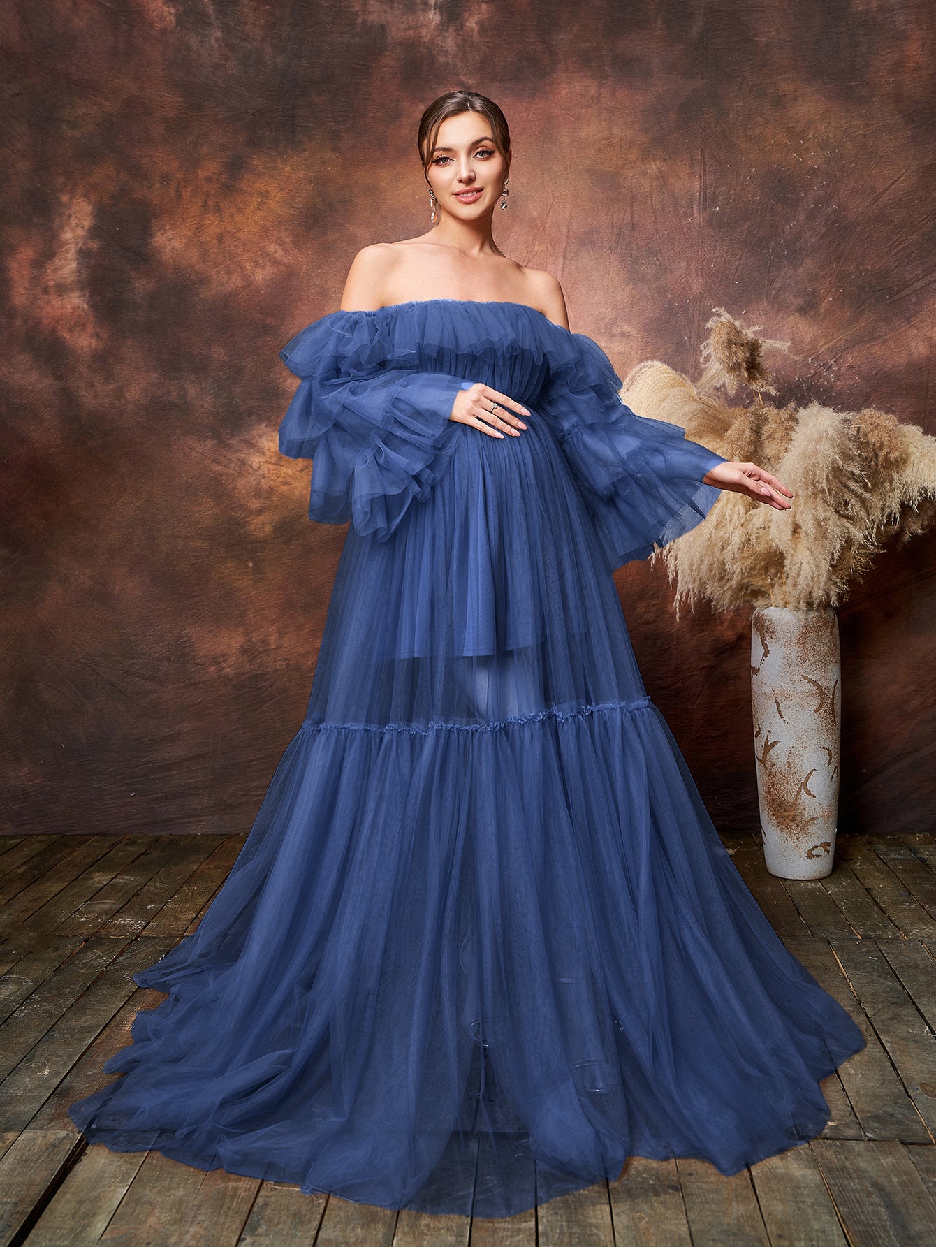 Maternity Ruffle Trim Off Shoulder Mesh Overlay Photography Dress