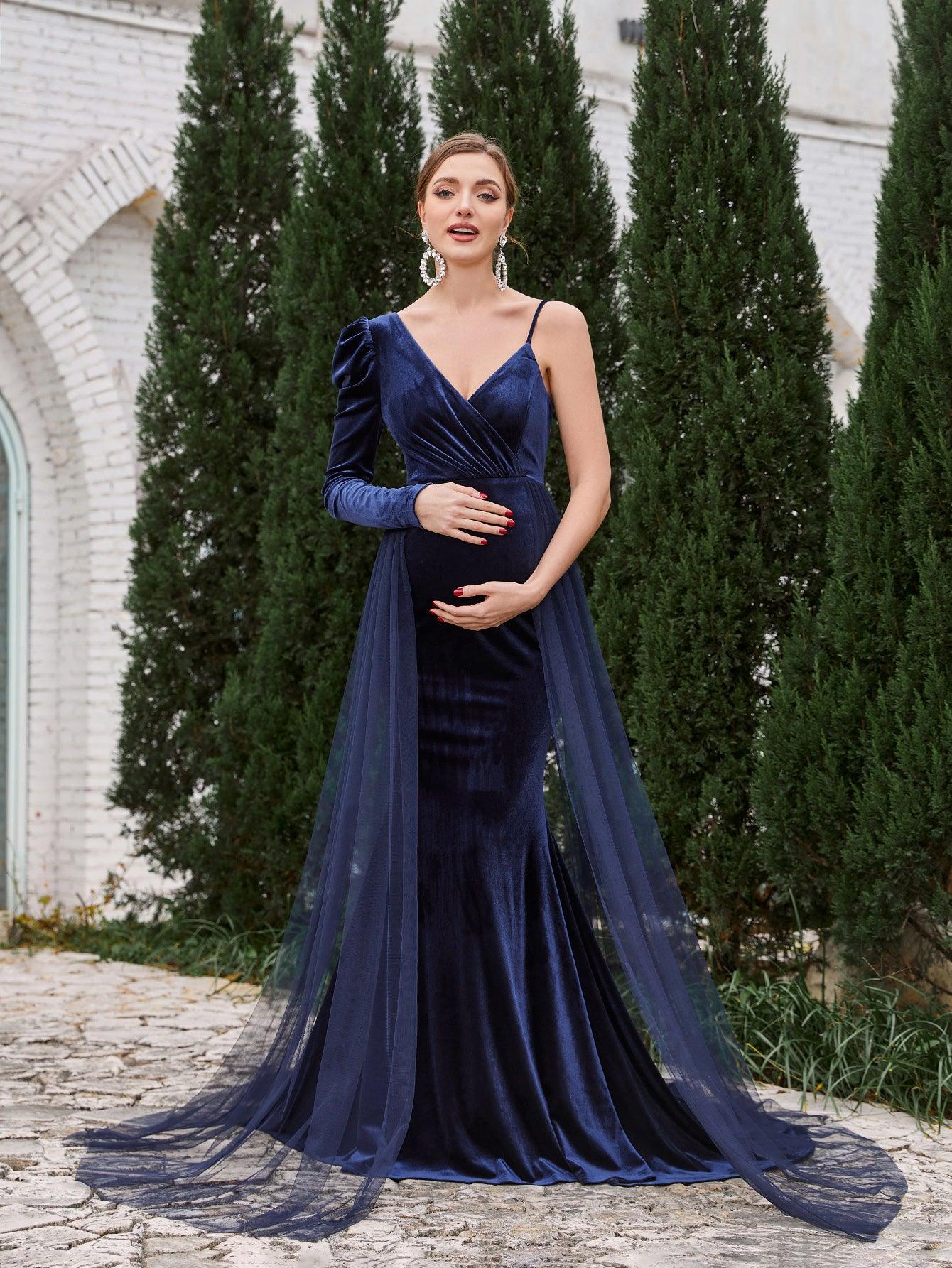 Maternity Asymmetrical Neck Mermaid Hem Velvet Dress - Elonnashop