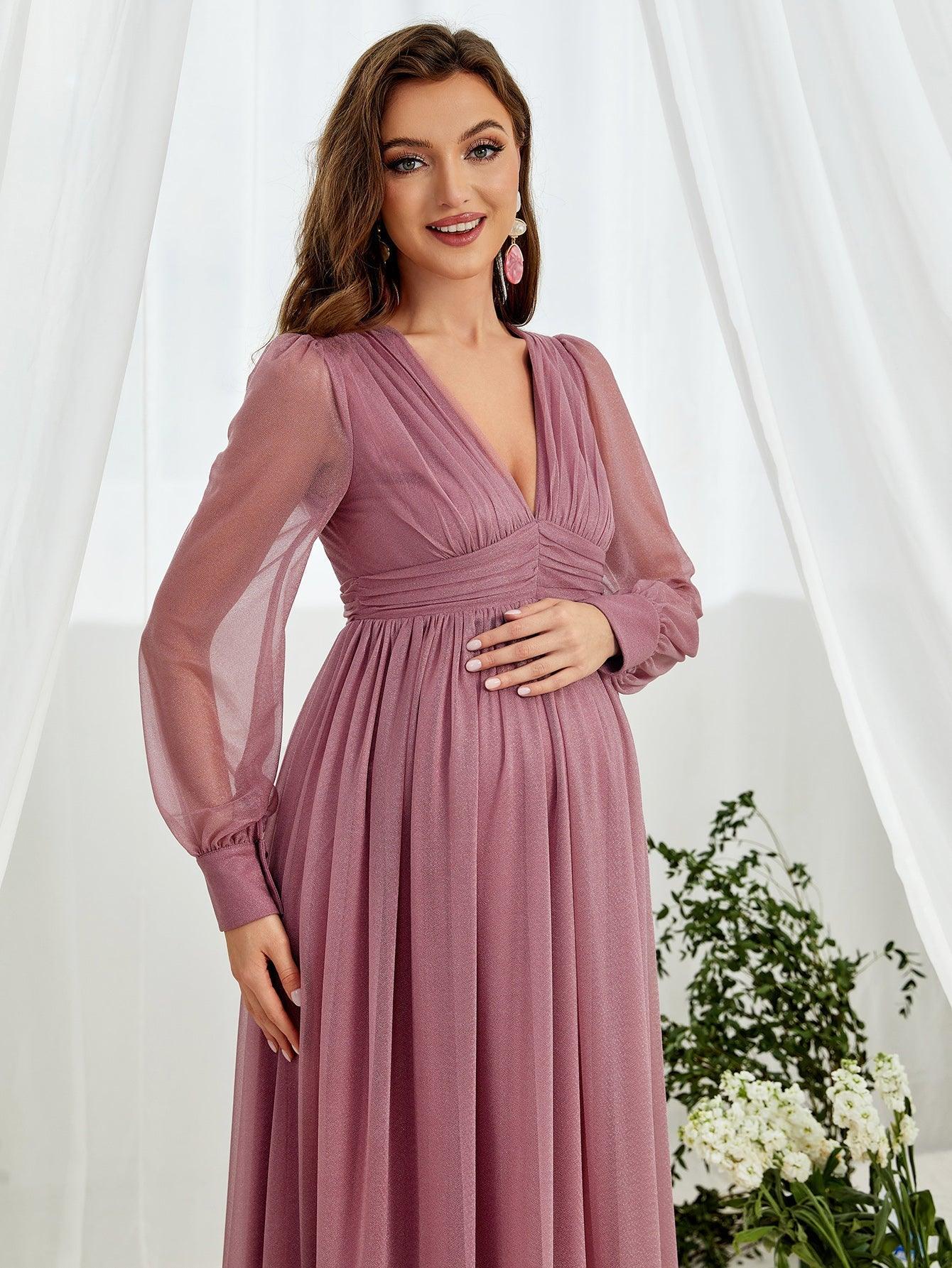 Maternity V Neck Lantern Sleeve A Line Dress - Elonnashop