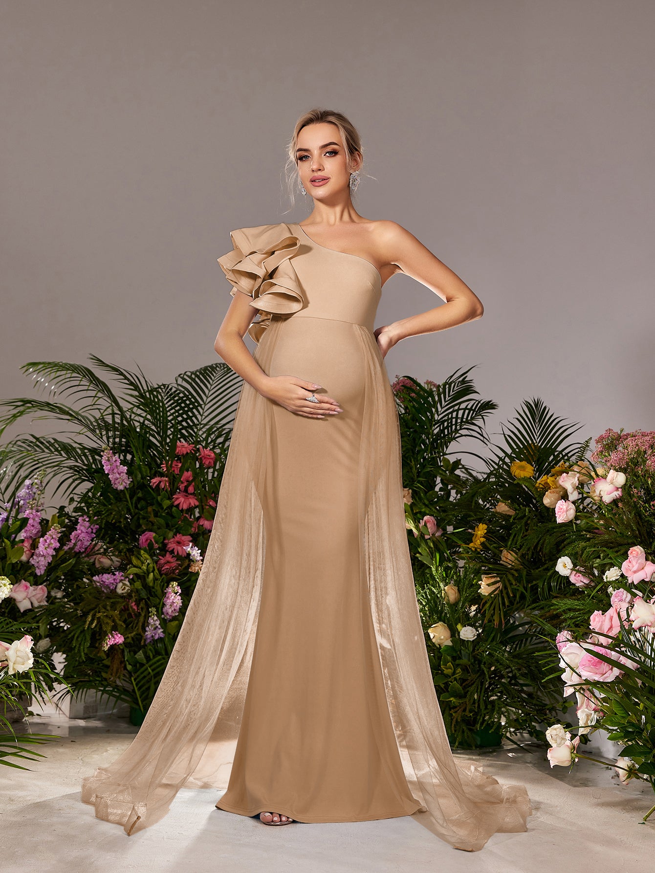 Maternity One Shoulder Ruffle Trim Mesh Overlay Mermaid Party Dress