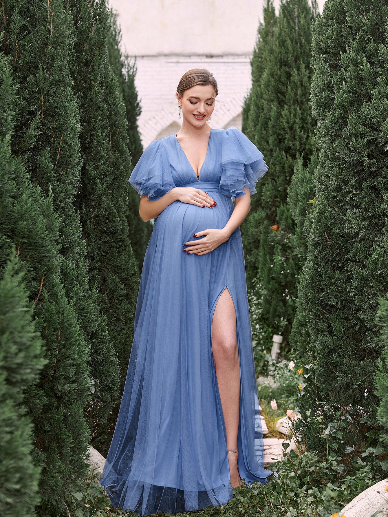 Maternity V Neck Layered Ruffle Sleeves Split Prom Dress - Elonnashop