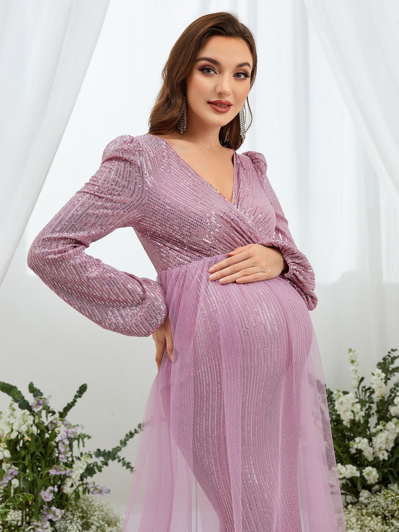 Maternity Surplice Neck Contrast Mesh Sequin Party Dress - Elonnashop