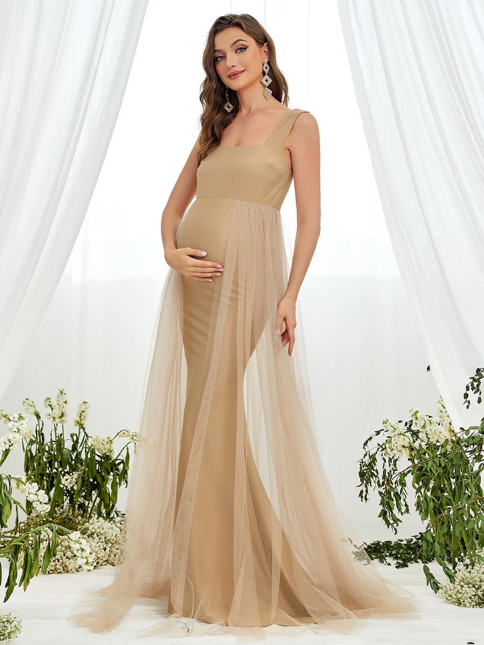 Maternity Contrast Mesh Square Neck Mermaid Dress - Elonnashop