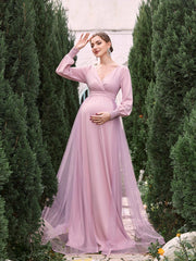 Maternity Solid Surplice Neck Mesh Overlay Formal Dress - Elonnashop