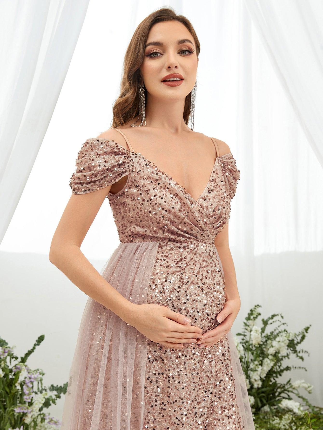 Maternity Cold Shoulder Contrast Mesh Sequin Cami Dress - Elonnashop