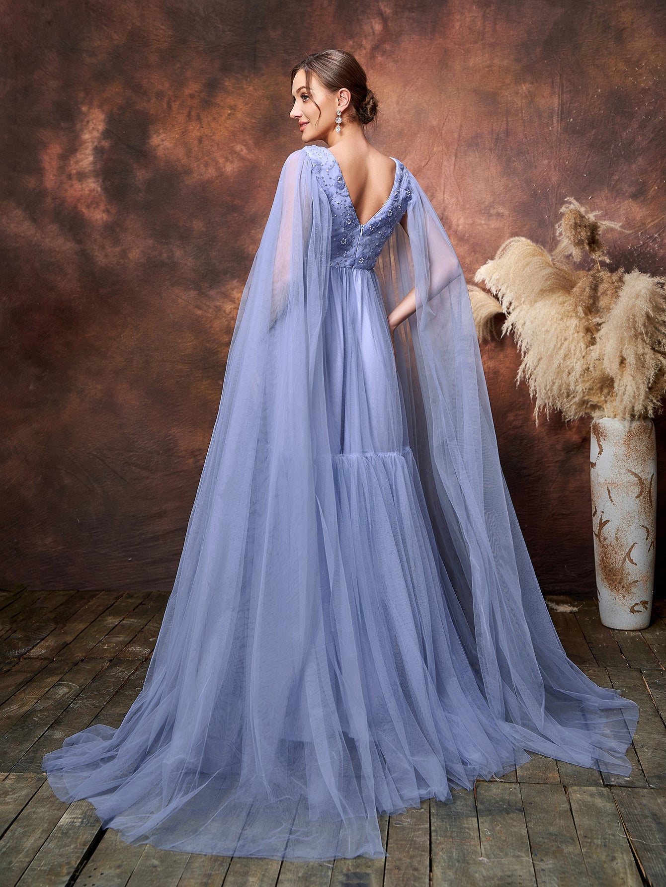 Maternity Plunging Neck Cloak Sleeves Tulle Overlay Party Dress