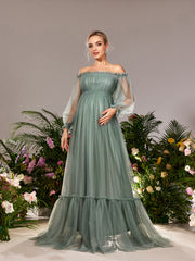 Maternity Ruffle Trim Off Shoulder Lantern Sleeves Tulle Evening Dress