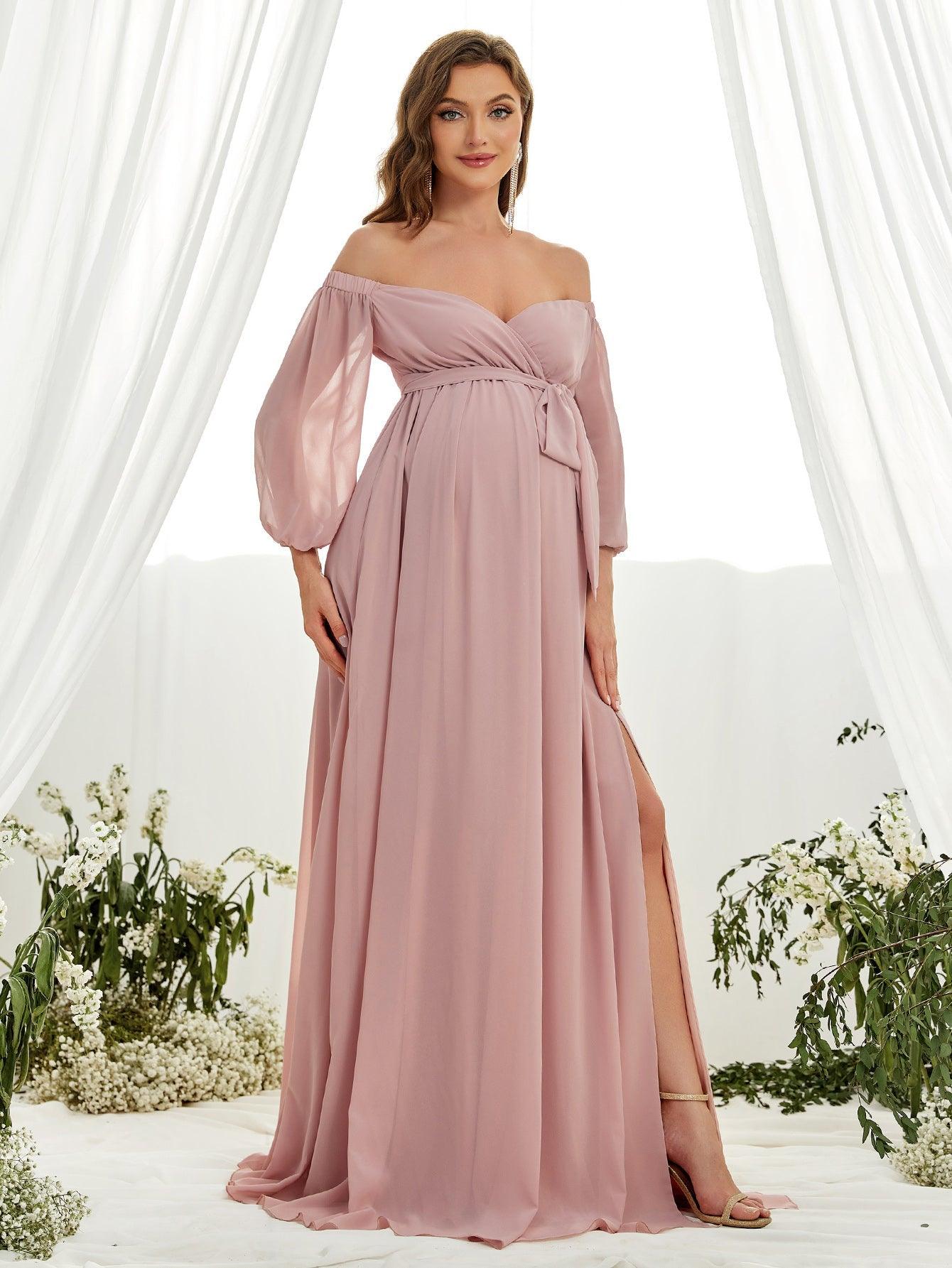 Maternity Off Shoulder Lantern Sleeve Chiffon Belted Dress - Elonnashop